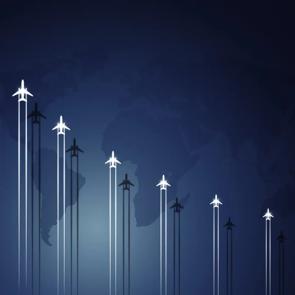 The illustration the source page used for this section: white aircraft silhouettes climbing on straight vapour trails across a dark blue world map.