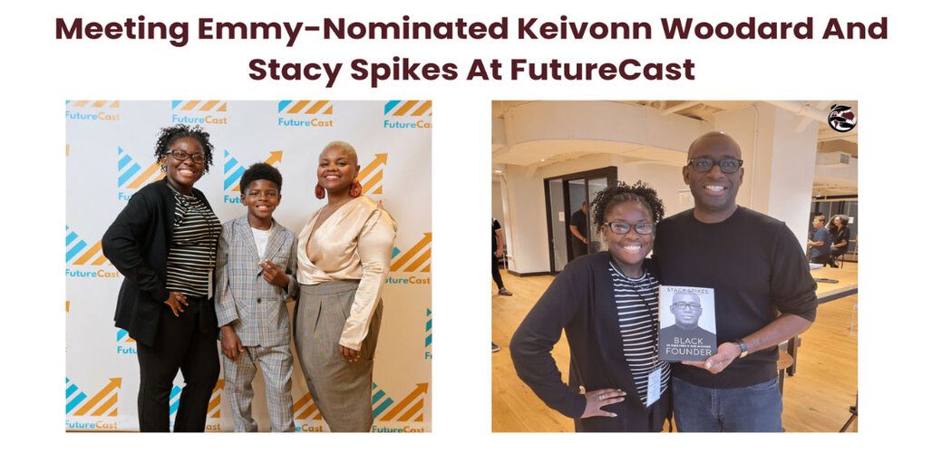 Banner titled "Meeting Emmy-Nominated Keivonn Woodard and Stacy Spikes at FutureCast" over a collage of interns posing at a step-and-repeat backdrop and with a guest holding a book