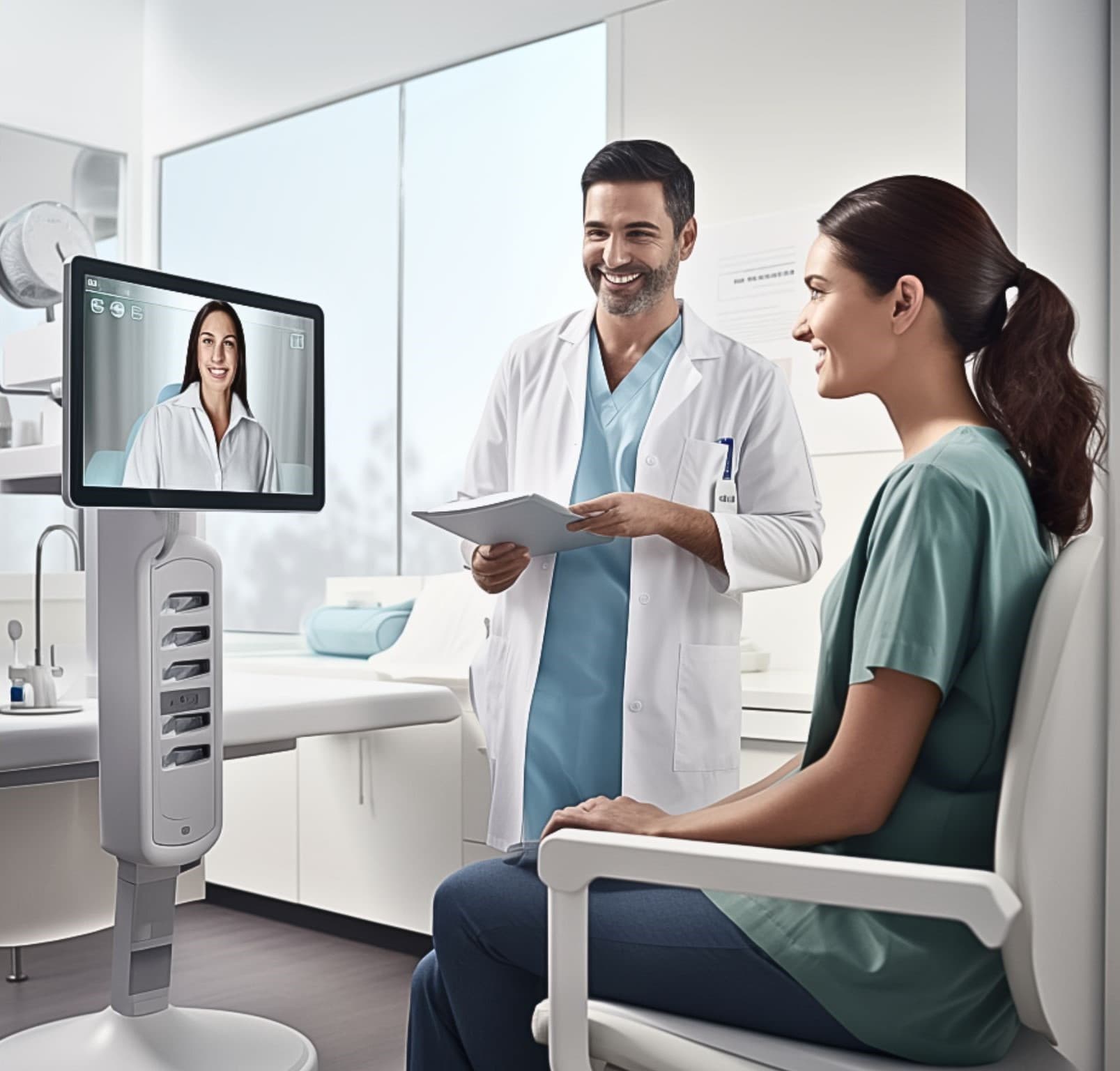 A doctor and a seated patient talking in an exam room beside a video interpreting cart showing an interpreter on screen