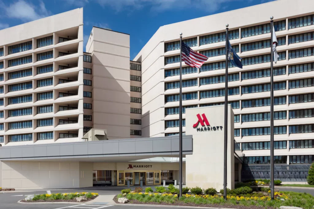The Long Island Marriott Hotel & Conference Center seen across its forecourt at Nassau Coliseum.