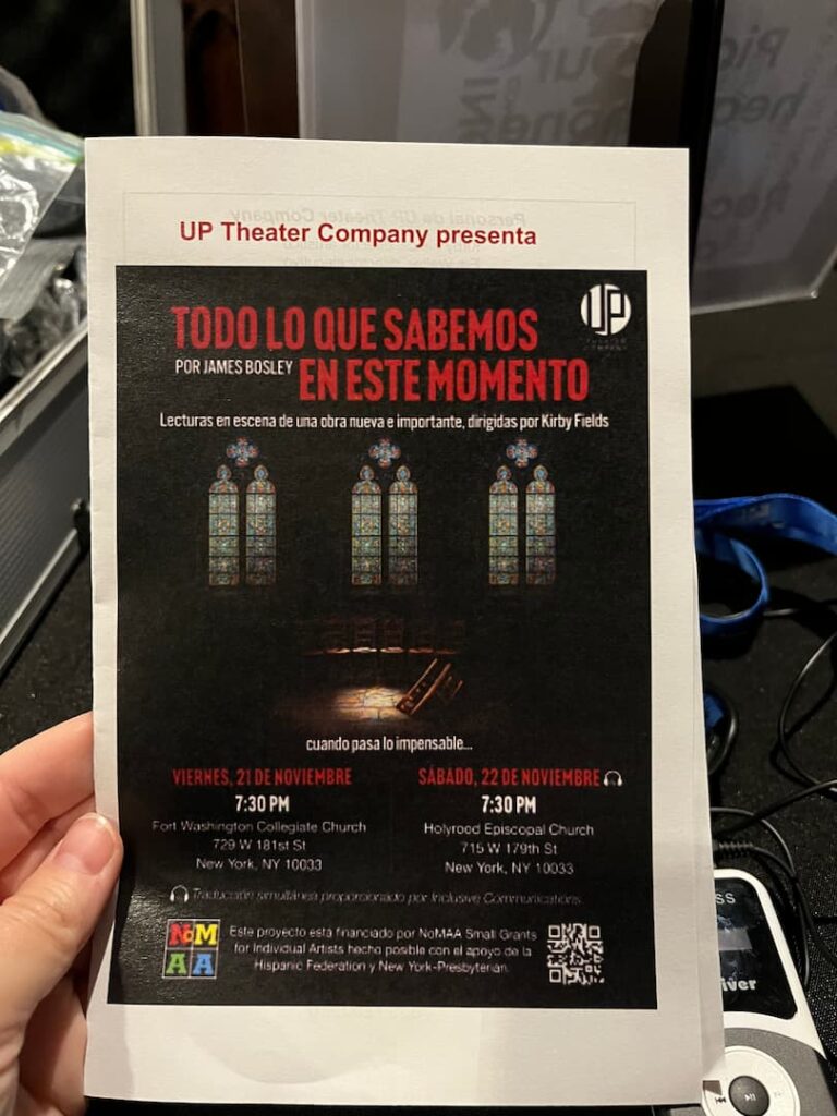 A Spanish-language programme held up beside the headset case: 'UP Theater Company presenta — Todo lo que sabemos en este momento por James Bosley', listing both church venues and noting that simultaneous interpreting is provided by Inclusive Communication Services.