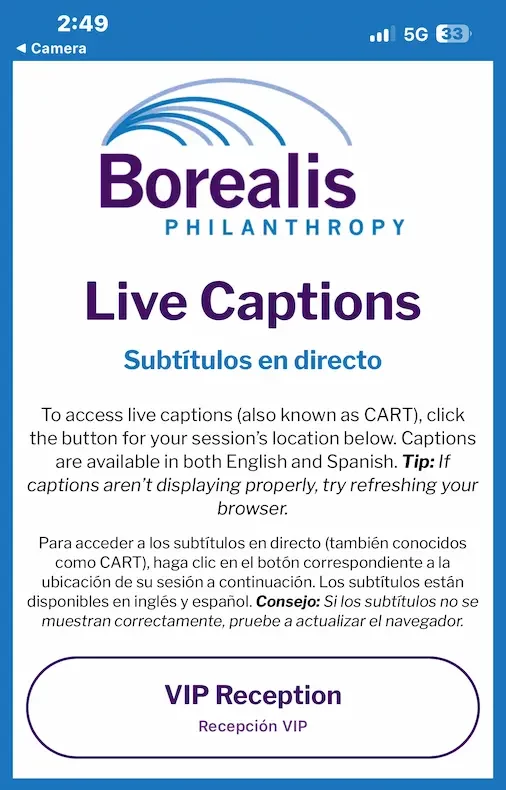 Step 2: a phone screen showing the Borealis Philanthropy live captions landing page, with side-by-side English and Spanish instructions and a session button labelled 'VIP Reception / Recepcion VIP'.